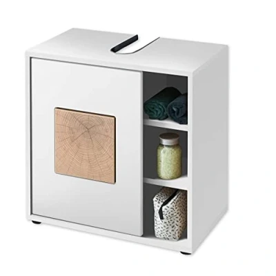 Abbildung von GREECE Badezimmer Waschbeckenunterschrank in Weiß mit Hirnholz Applikationen Bad Unterschrank Badezimmerschrank viel Stauraum 60 x 35 cm (B/H/T)