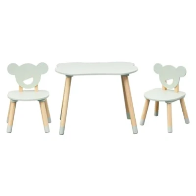 Abbildung von Rebecca Mobili Tisch und 2 Stühle für Kinderzimmer, Montessori Set 3 Teile, Wassergrün Braun, MDF Kiefer, Abgerundete Kanten Maße: 44 x 60 56 cm / 47 30 28 Art. RE7139