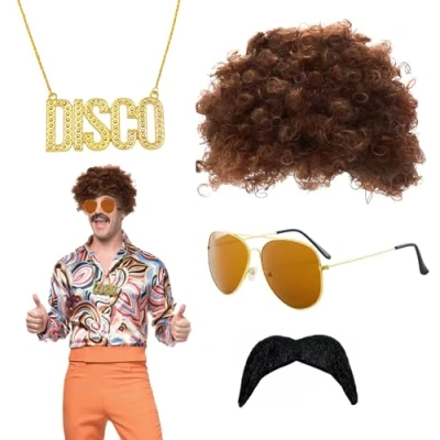 Abbildung von QSZHSL 4 Stück Hippie Kostüm Set, 70er 80er Jahre Verkleidung Outfit, Bekleidung Herren, Vokuhila Perücke Afro für Disco Cosplay, Kostümfeste (4 Stück)