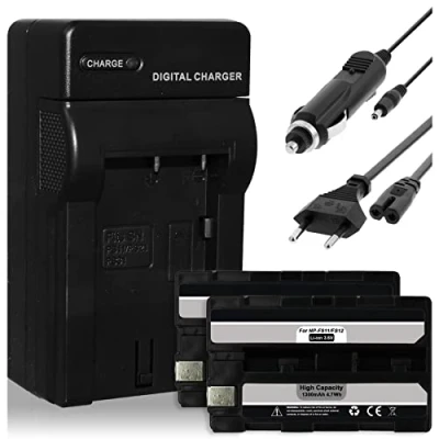 Abbildung von 2X Akku + Ladegerät (Netz, KFZ) kompatibel mit Sony NP FS11 Cybershot DSC F55, F55V, F505, F505V, P1, P20, P30 / DCR PC1, PC2, PC3, PC4, PC5, TRV1VE RUVI CCD CR1