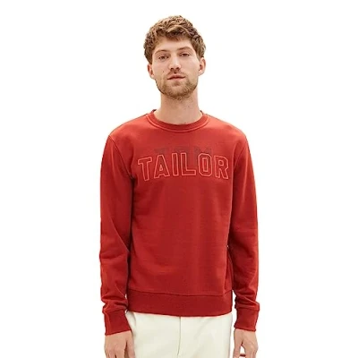 Abbildung von TOM TAILOR Herren 1037806 Basic Crewneck Sweatshirt mit Logo Print, 14302 velvet red, M