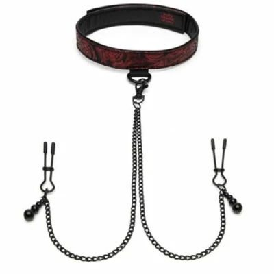 Abbildung von Halsfessel mit Nippelklemmen „Sweet Anticipation Collar Nipple Clamps“, verstellbar