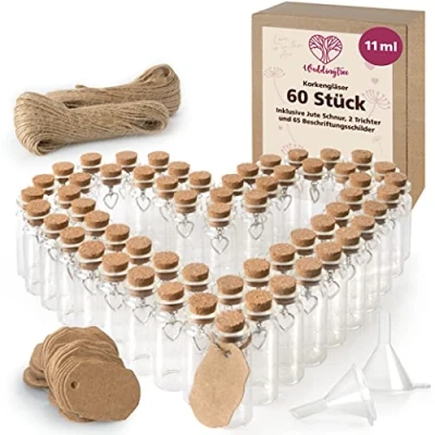 Abbildung von WeddingTree 60 x kleine Glasflasche 11 ml Reagenzglas für Hochzeiten Behälter Süßigkeiten aus Glas mit Kork und Anhänger in Herzform
