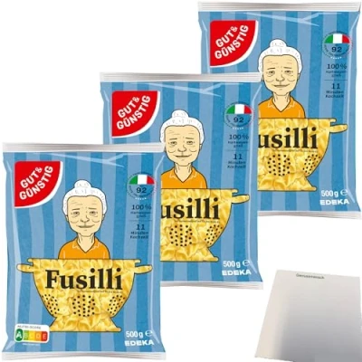 Abbildung von Gut&amp;Günstig Nudeln Fusilli Pasta aus Italien 3er Pack (3x500g Packung) + usy Block