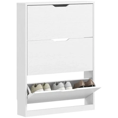 Abbildung von HOMCOM Schuhschrank mit 3 Klappen, Schuhregal, Schuhkipper Schmal Schuhkommode für 9 12 Paar Schuhe 80 x 17 108 cm, Weiß
