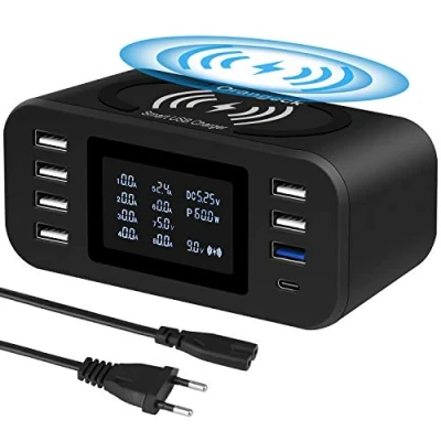 Abbildung von Orangeck Multi USB Ladestation, Ladegerät Mehrere Geräte mit LED Bildschirm Wireless Schnell Charger 10W Induktives 8 Port QC3.0 Charging Station für iPhone Samung Handy und Tablet