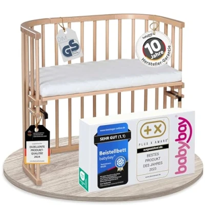 Abbildung von babybay Original Beistellbett aus massivem Buchenholz/kompakt &amp; verwandelbar/Kinderbett Höhe stufenlos verstellbar umweltfreundlich/mitwachsendes Babybett (Natur lackiert) / inkl. Matratze