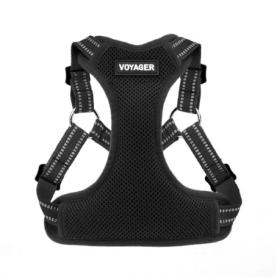 Abbildung von Voyager Verstellbares Hundegeschirr mit Reflektorstreifen by Best Pet Supplies Strapazierfähige Ganzkörperweste ohne Zugkraft Leinen D Ring, atmungsaktiv, Schwarz, size M