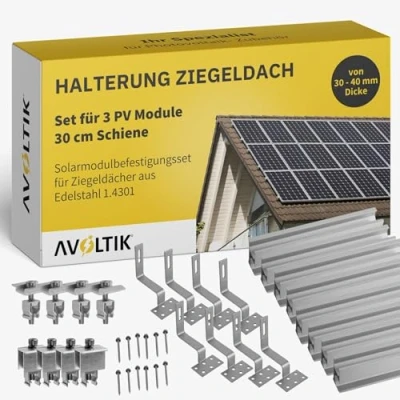 Abbildung von Avoltik Solar Halterung Ziegeldach I Set für 3 PV Module 30 40mm Solarmodul Balkonkraftwerk Solarmodulbefestigungsset Ziegeldächer aus Edelstahl 1.4301 Montageset
