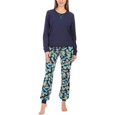 Abbildung von Merry Style Damen Lang Zweiteiliger Schlafanzug aus Baumwolle Pyjama Set Winter MS10 168 (Marineblau Blätter, XL)