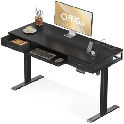 Abbildung von OffiGo Höhenverstellbarer Schreibtisch mit Schubladen, 120cm Höhenverstellbar Elektrisch Tastaturablage, Computertisch Steckdose, Stehpult Bürotisch, Schwarz