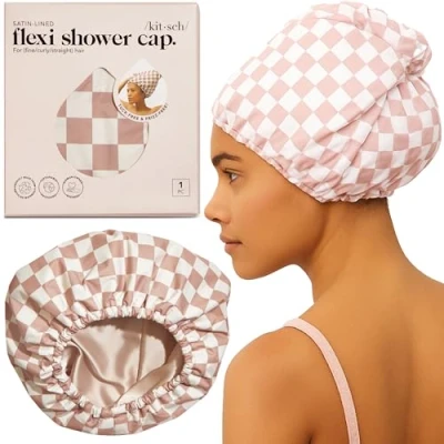 Abbildung von Kitsch Luxury Shower Cap for Women Waterproof Satin Lined Cap, Reusable Adjustable Hair Shower, Big Bonnet, Large Caps Long Terra