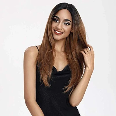 Abbildung von Style Icon Perücke mit Filmansatz 61cm Lace Front Wigs Ombre Brauen Perücken für Frauen Mittelscheitel lang glatt synthetische Babyhaar Kunstfaser Faser 130% Dichte
