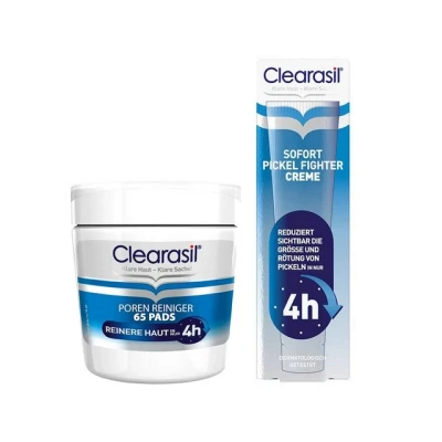 Abbildung von Clearasil Poren Reiniger Pads zur Reinigung der im Gesicht 1 x 65 Stück + Sofort Pickel Fighter Creme für sichtbar reinere Haut in nur 4 Stunden 15 ml