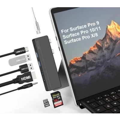 Abbildung von Surface Pro 8/9/10/11/X Docking Station Hub 9 Adapter mit 4K HDMI, Thunderbolt 4 (8K@30Hz Video+40G Daten+100W PD), 2*USB 3.0, SD/TF Kartenleser, 3,5mm Audio Zubehör