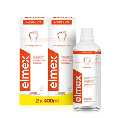 Abbildung von elmex Mundspülung Kariesschutz 2x 400ml antibakterielle Zahnreinigung ohne Alkohol schützt effektiv vor Karies für die tägliche Anwendung mit zweifach aktivem Kalzium Fluorid Schutzschild
