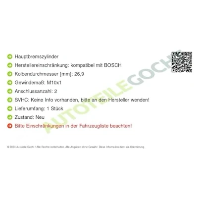 Abbildung von TRW PMN243 Hauptbremszylinder 2 26,9 M10x1 FIAT: Ducato III Pritsche / Fahrgestell, Kastenwagen, Bus