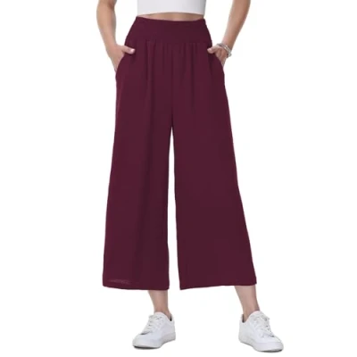 Abbildung von HMIYA Damen 3/4 Culotte Hose Leichte und Luftig Sommerhose Weites Bein Stoffhose,Weinrot,2XL