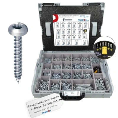 Abbildung von FRANTOS Spanplattenschrauben Panhead TX Sortiment in L Boxx Stahl verzinkt I 2346 tlg. + Torx Bit Felo Holzschrauben Schraubensortiment Set