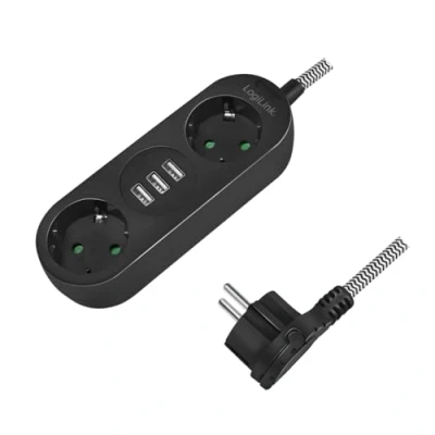 Abbildung von LogiLink LPS262U 2+3 Fach Steckdosenleiste mit 2X CEE 7/3 und 3X USB A (5V/3,2A 16W), Textilmantel, IP20 eingebautem Safety Shutter (erhöhter Berührungsschutz), schwarz