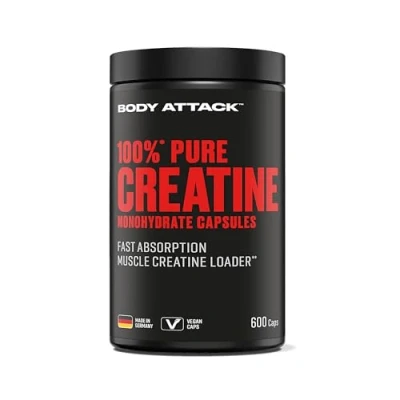 Abbildung von Body Attack 100% Pure Creatine 2 x 600 Kapseln, hochwertiges mikrofeines Kreatin Monohydrat, hochdosiert mit 5620mg, Made in Germany