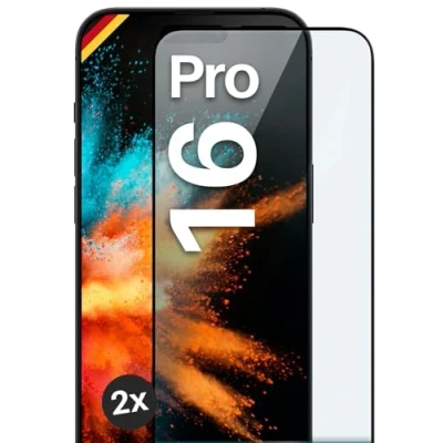 Abbildung von moex Full Screen Schutzglas kompatibel mit Apple iPhone 16 Pro Schutzfolie randlos, ganzer Bildschirm, Curved 3D Folie, Clear 2x Schwarz