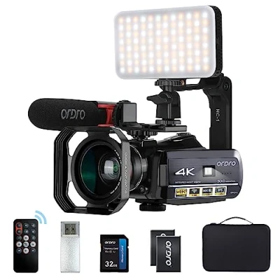 Abbildung von ORDRO AC3 IR Nachtsicht Camcorder 4k Videokamera 1080P 60FPS Vlog Kamera WiFi mit Mikrofon, LED Licht, Weitwinkelobjektiv, Halter, Tragetasche