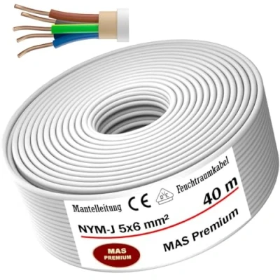 Abbildung von MAS Premium Feuchtraumkabel Stromkabel 5 200m Mantelleitung NYM J 3x1, 2,5 4 6 10 oder 5x1,5 16 Elektrokabel für feste Verlegung (NYM 5x6 mm², 40m)