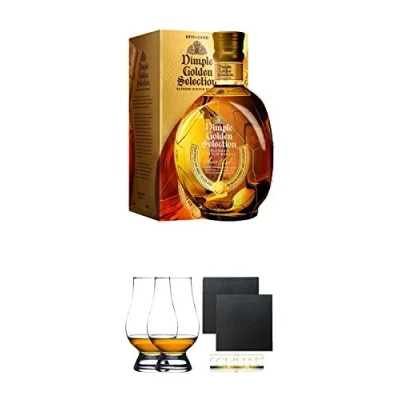 Abbildung von Dimple Golden Selection Blended Scotch Whisky 0,7 Liter + The Glencairn Glas Stölzle 2 Stück Schiefer Glasuntersetzer eckig ca. 9,5 cm Ø