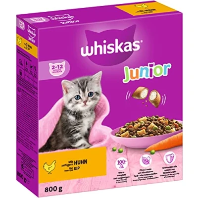 Abbildung von Whiskas Junior Trockenfutter Huhn, 5x800g (5 Packungen) für heranwachsende Katzen Extra kleine Kibbles Kätzchen (2 12 Monate) unterschiedliche Produktverpackungen erhältlich