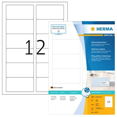 Abbildung von HERMA 10776 Adressetiketten für Inkjet Drucker, 80 Blatt, 88,9 x 46,6 mm, 12 pro A4 Bogen, 960 Stück, selbstklebend, bedruckbar, matt, blanko Adressaufkleber Etiketten Tintenstrahldrucker, weiß
