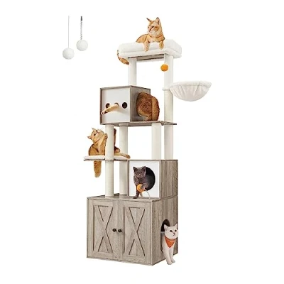Abbildung von Feandrea Kratzbaum, Katzenbaum mit Katzenklo Schrank, 180 cm hoch, Katzenkratzbaum, Kratzsäule, Plattform, waschbares Kissen, Greige PCT116G01