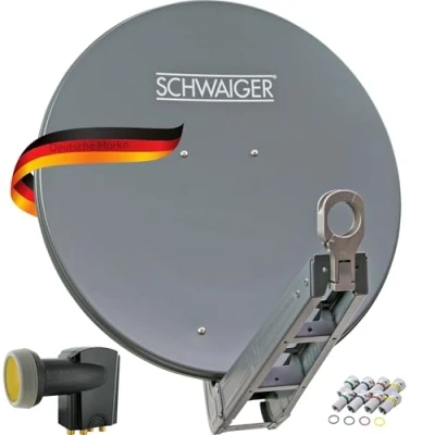 Abbildung von SCHWAIGER 4630 SAT Anlage Satelliten Set Satellitenschüssel Quad LNB digital 8X F Stecker 7mm Antenne aus Aluminium Komplettset Anthrazit 75 x 80 cm