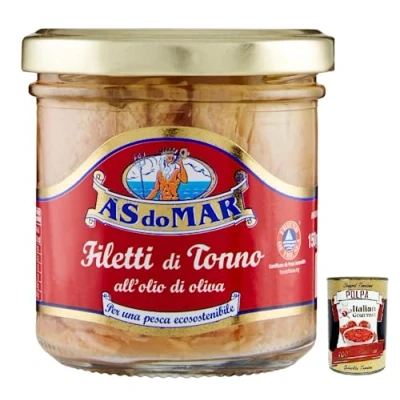 Abbildung von AS do MAR Filetti di Tonno all&#039;Olio Oliva,Thunfischfilets in Olivenöl,150g Glas + Italian Gourmet Polpa Pomodoro 400g Dose