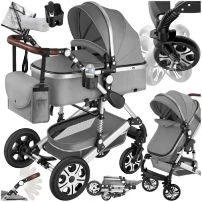 Abbildung von tectake® 2 in 1 Kinderwagen, klappbarer Kinderwagen Buggy mit Liegefunktion, Fußsack Getränkehalter herausnehmbarer Babywanne und Regenschutz grau