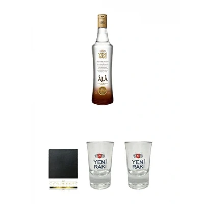 Abbildung von Yeni Raki ALA 0,7 Liter + Schiefer Glasuntersetzer eckig ca. 9,5 cm Durchmesser Shot Glas