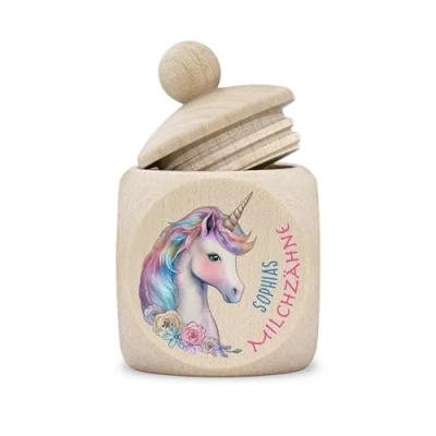 Abbildung von Zahndose Milchzähne Mädchen modern Dose Holz personalisiert Druck Name Einhorn