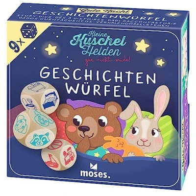 Abbildung von moses Geschichtenwürfel Kuschelhelden, 9 süße Erzählwürfel für Kinder, kreatives Würfelspiel Gute Nacht Geschichten mit großen Holzwürfeln, Kinderspiel ab 4 Jahren