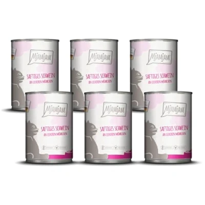 Abbildung von MjAMjAM Premium Nassfutter für Katzen saftiges Schwein an leckeren Möhrchen, 6er Pack (6 x 400 g), getreidefrei mit extra viel Fleisch