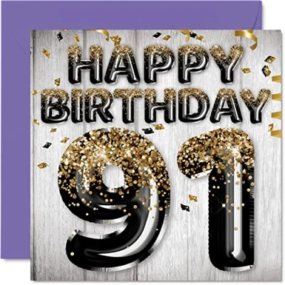 Abbildung von Stuff4 Geburtstagskarte zum 91. Geburtstag für Männer schwarze und goldene Glitzerballons Happy Karten 91 Jahre alten Mann Papa Great Grandad Grandpa Gran, 145 mm x Grußkarten Geschenk