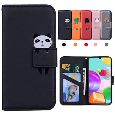 Abbildung von Galaxy A41 Hülle, Samsung Klappbar Stoßfeste Schutzhülle, Hülle Samsung, Handyhülle A41, Karikatur Flipcase für Panda, Schwarz