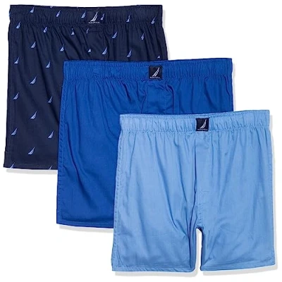 Abbildung von Nautica Herren gewebter Baumwolle, 3er Pack Boxershorts, Aero Blue/Sea Cobalt/Sails Peacoat, XL