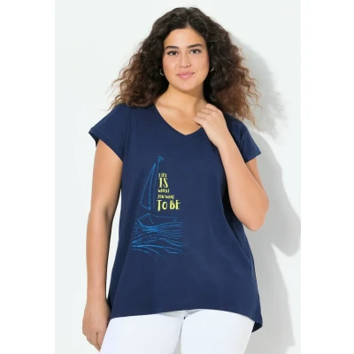 Abbildung von Ulla Popken Vausschnitt Halbarm Tshirt print, Damen, Größe: 58/60, Inky blue