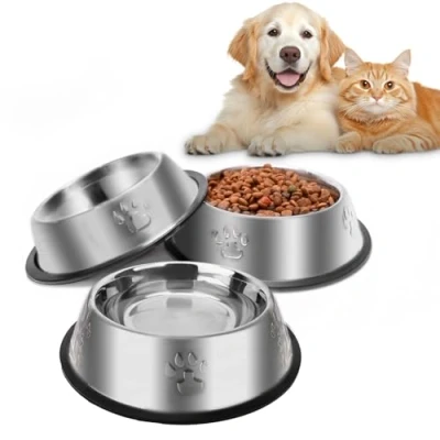 Abbildung von Katzennapf 3 Stück, Futternapf Katze Katzennäpfe Edelstahl rutschfest Katzen Napf Set, Haustier Fressnapf Futterschüssel Wasser Fütterung Schüssel für Kleine Hunde Tiere (M 580ml)