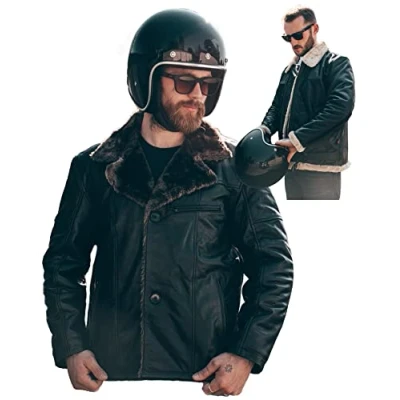 Abbildung von Texpeed Herren Lederjacke Echtleder Echter Warmer Winter Pelzmantel Schwarz Biker Motorrad RAF Flieger Flug Bomber B3 Pilotenjacke Entwurf Braun Pelz XL