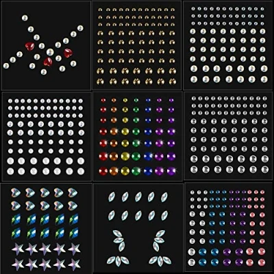 Abbildung von 9 blätter Sticker Gesicht Selbstklebende Glitzer Festival Schmuck Augen Körper Gems Strass Aufkleber für Damen Zubehör und Nagel Kunst Dekorationen