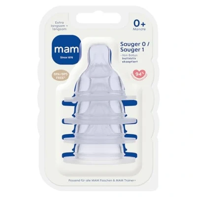 Abbildung von MAM Sauger 0 + 1 im 4er Set Flaschensauger Größe (Durchflussrate langsam) Speziell für Neugeborene Besonders weicher Trinksauger Kompatibel mit allen Flaschen/Trainer