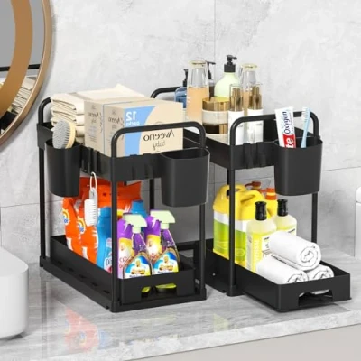 Abbildung von MQVXT Spülschrank Organizer 2 Etagen,Standregal Küche Arbeitsplatte Regal mit 4 Haken &amp; Tasse Mehrfunktional Küchenregal Gewürzregal Spülschrankregal für Badezimmer, Küchen,(Schwarz)