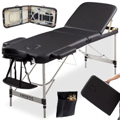 Abbildung von Arebos Mobile Massageliege 3 Zonen, Massagetisch, klappbar, höhenverstellbare Aluminium Massagebett Kosmetikliege tragbar inkl. Zubehör, Kopfstütze, Armlehne und Tragetasche, Schwarz