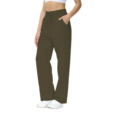 Abbildung von HMIYA Jogginghose Damen Baumwolle Freizeithose Lang offenem Boden Yogahose Sporthose Geradem Bein Hose mit Taschen (Armeegrün XXL)